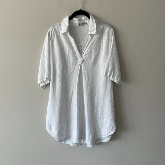 Nikita Linen Pullover V-Neck Short Sleeve Curvy Hem Casual Blouse White Large - Picture 2 of 10